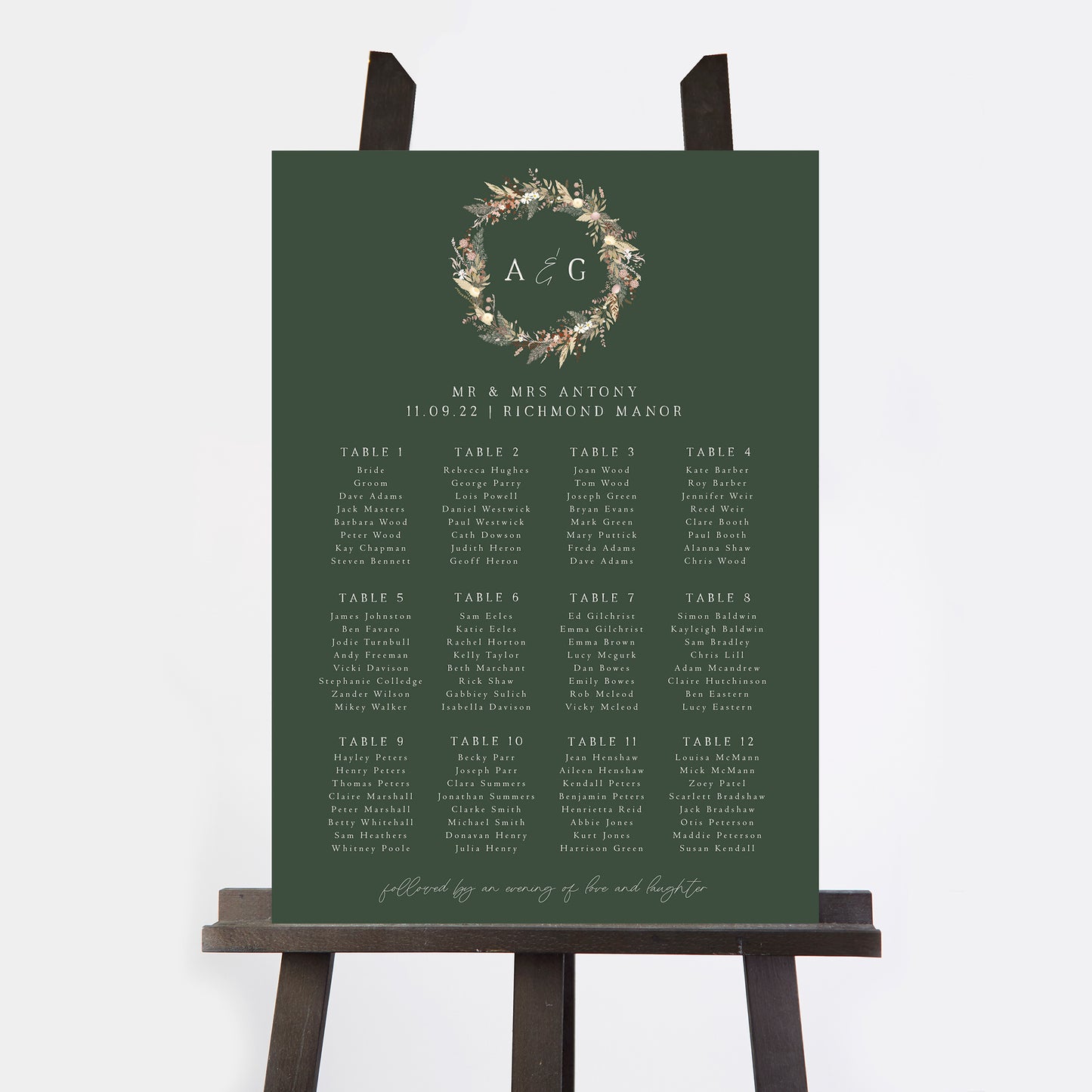 Dried Flower Wreath Personalised Wedding Table Plan