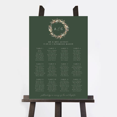 Dried Flower Wreath Personalised Wedding Table Plan
