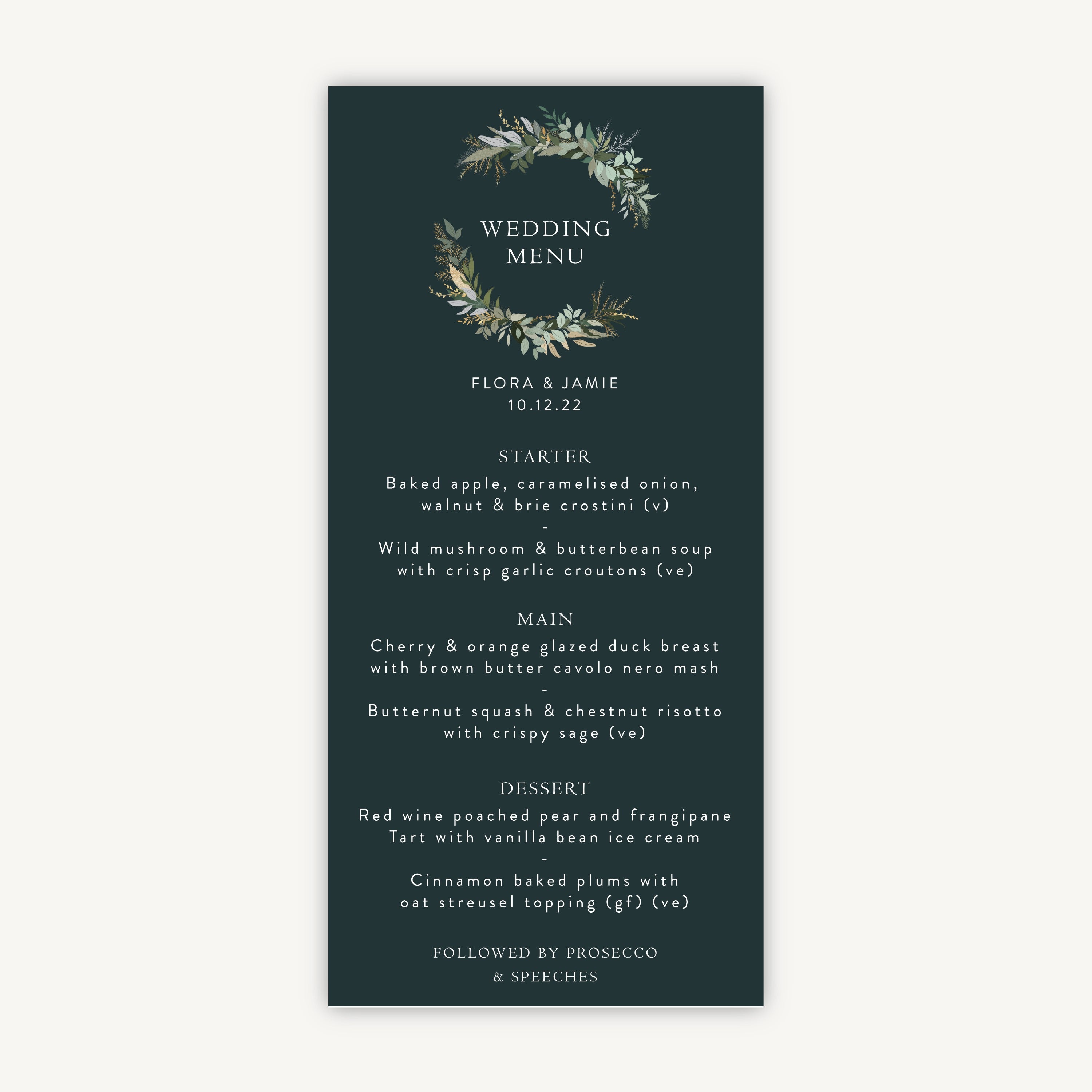 Winter Botanical Wedding Menu