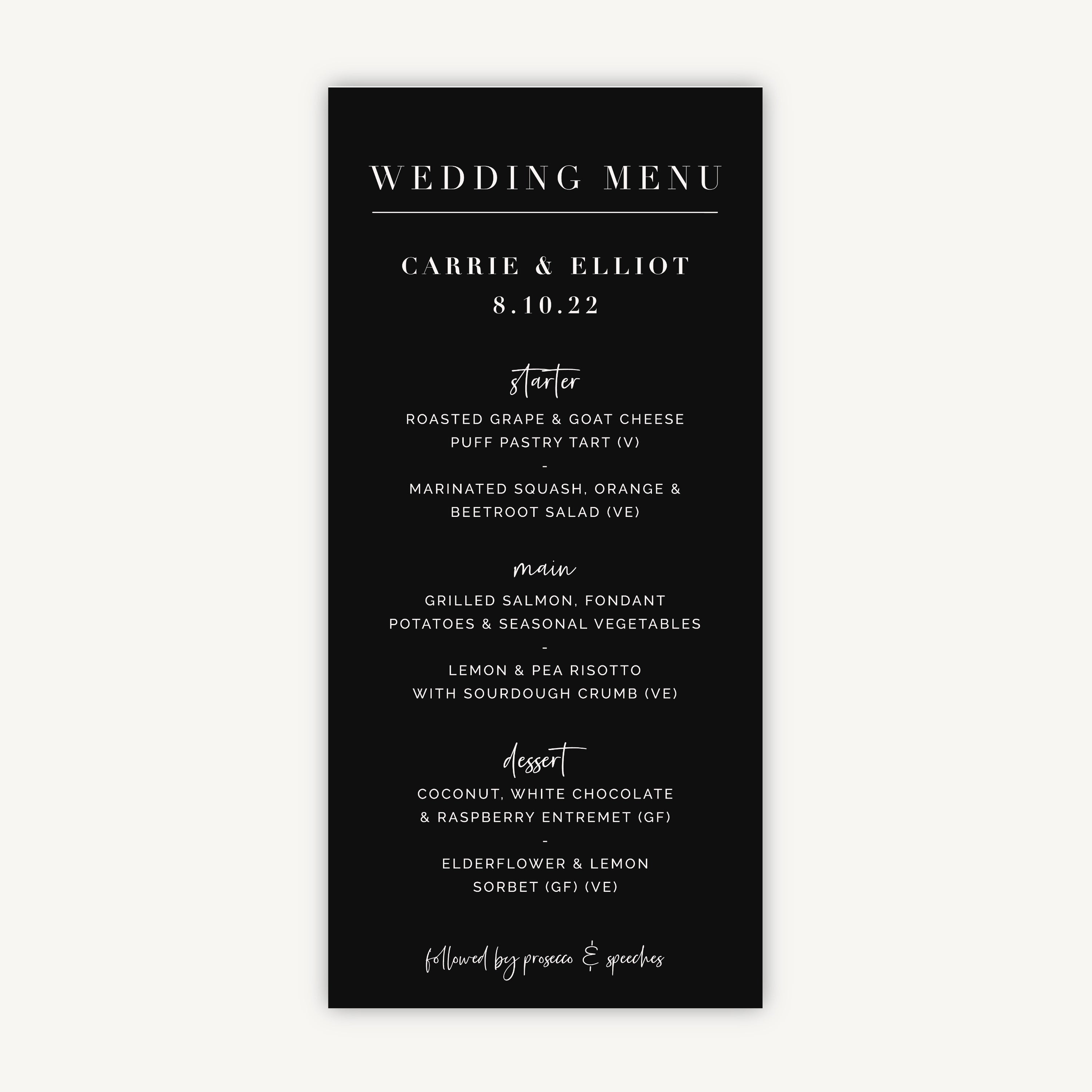 Black Modern Script Wedding Menu – Loom Weddings