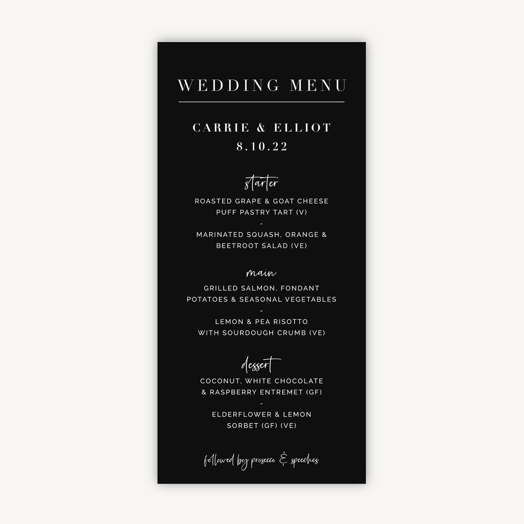 Black Modern Script Wedding Menu