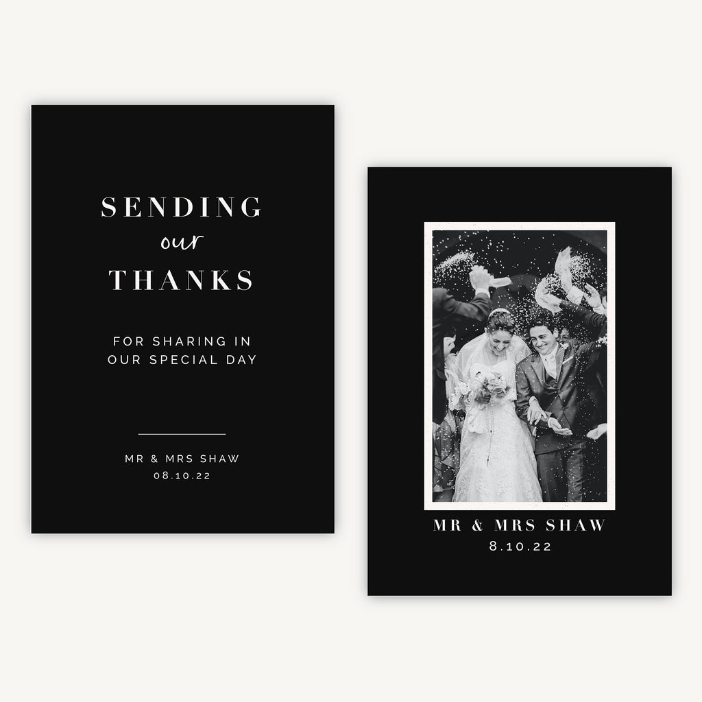 Black Modern Script Photo Wedding Thank You Card