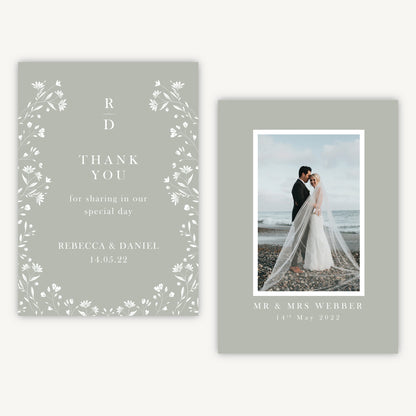 Sage Wildflower Photo Wedding Thank You Card