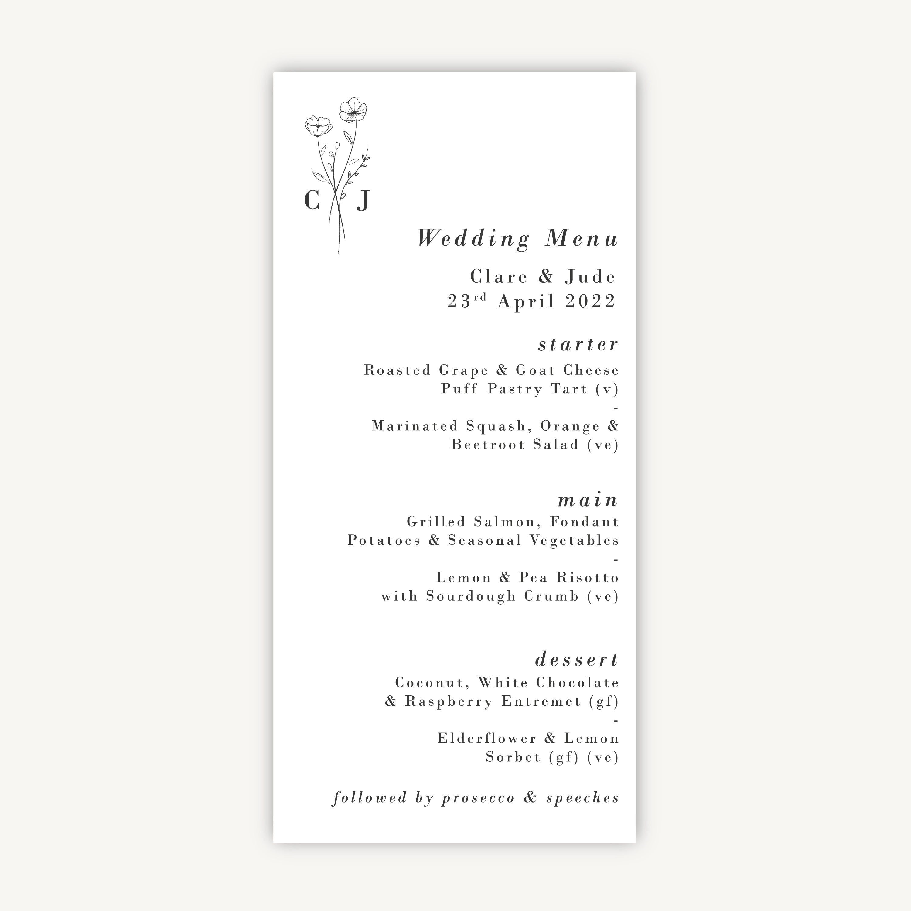 Simple Floral Wedding Menu