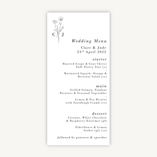 Simple Floral Wedding Menu