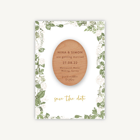 White Floral Wooden Magnet Save the Date
