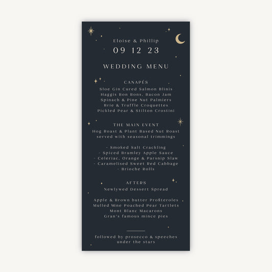 Celestial Night Sky Wedding Menu