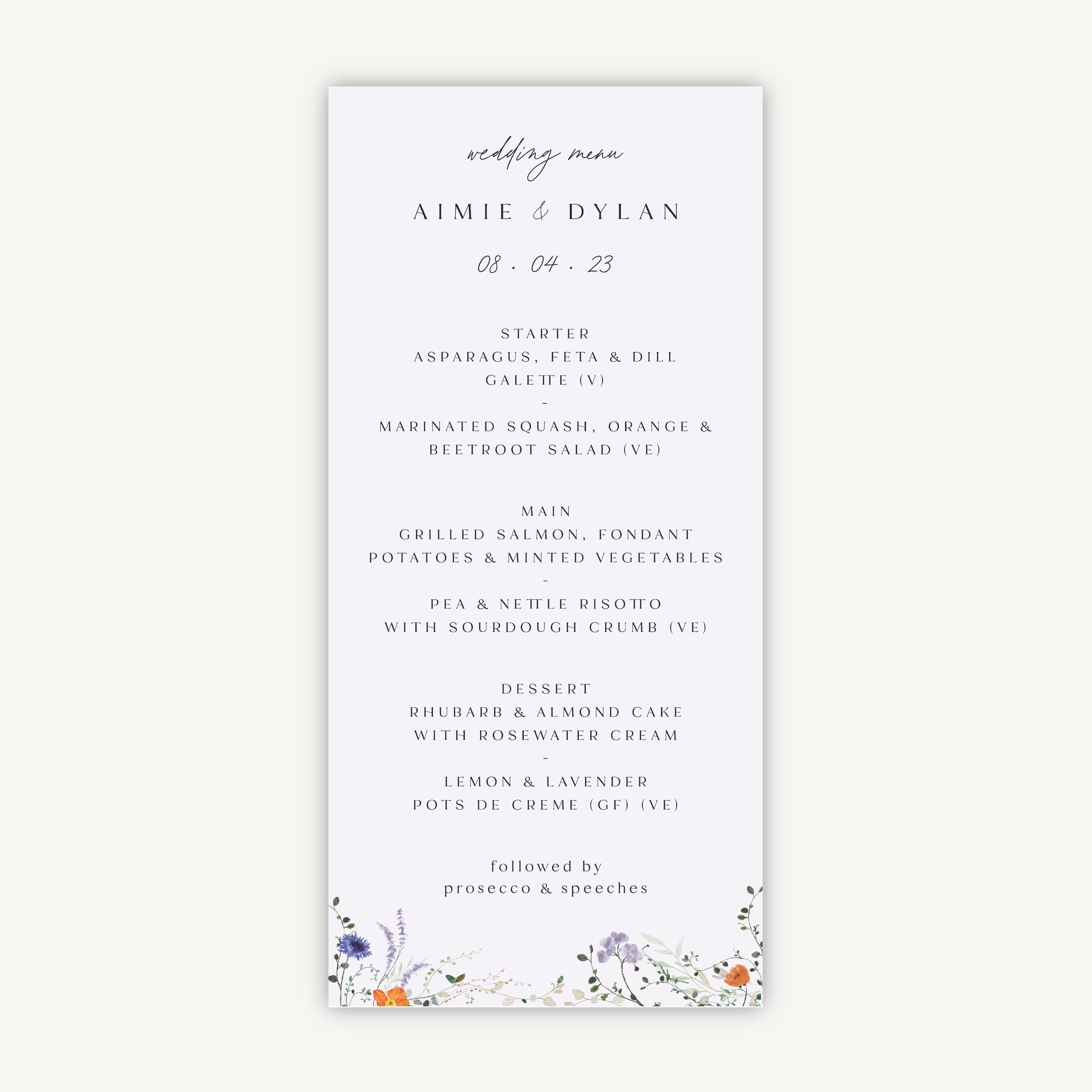 Pressed Wildflowers Wedding Menu