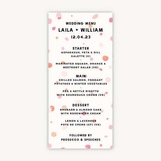 Bright Pink Confetti Wedding Menu