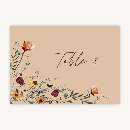 Autumn Wildflowers Wedding Table Number