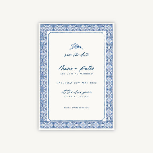 Blue Tile Mediterranean Wedding Save the Date
