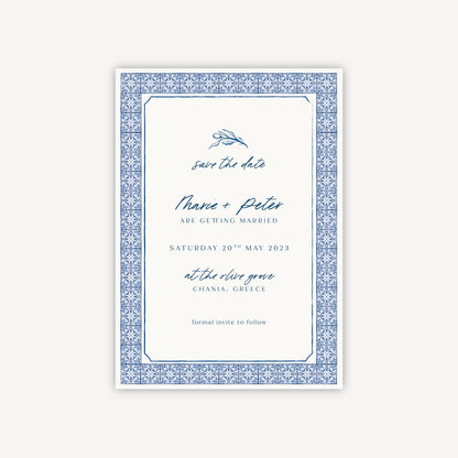 Blue Tile Mediterranean Wedding Save the Date