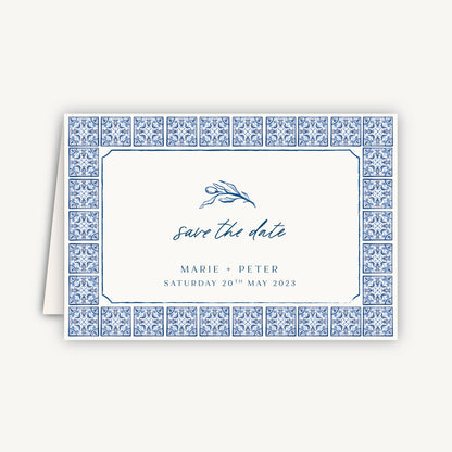 Blue Tile Mediterranean Folded Wedding Save the Date