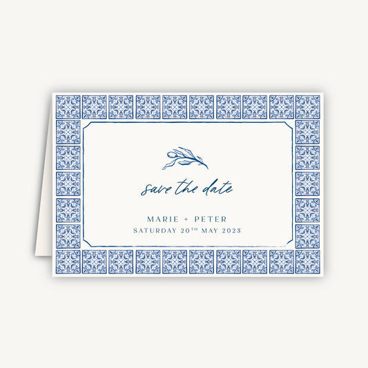 Blue Tile Mediterranean Folded Wedding Save the Date