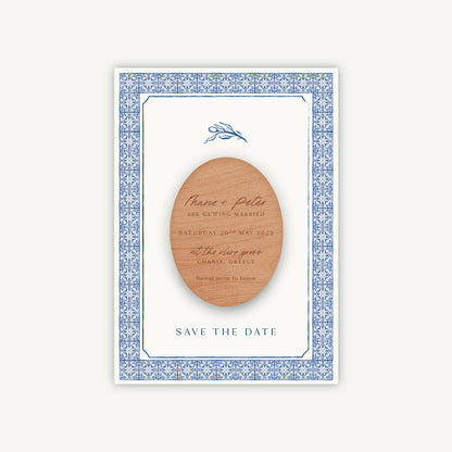 Blue Tile Mediterranean Wooden Magnet Wedding Save the Date