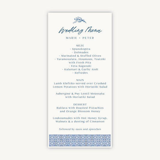 Blue Tile Mediterranean Wedding Menu