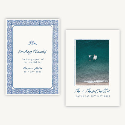 Blue Tile Mediterranean Photo Wedding Thank You Card