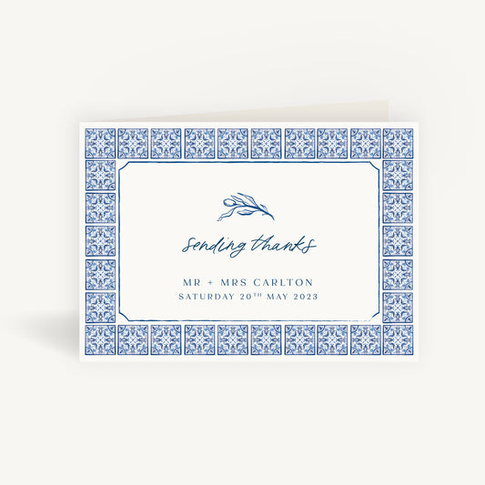 Blue Tile Mediterranean Wedding Thank You Card Folded