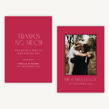 Magenta Modern Script Photo Wedding Thank You Card