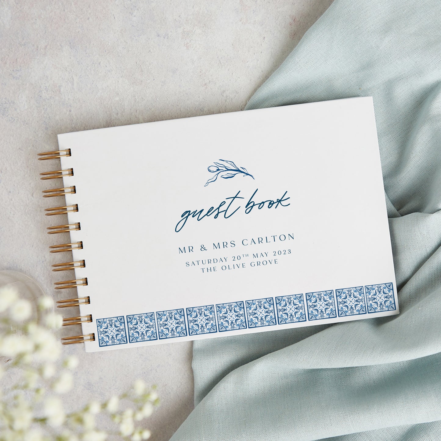Blue Tile Mediterranean Personalised Wedding Guest Book
