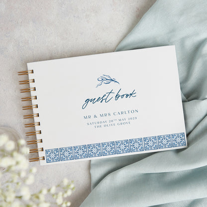 Blue Tile Mediterranean Personalised Wedding Guest Book