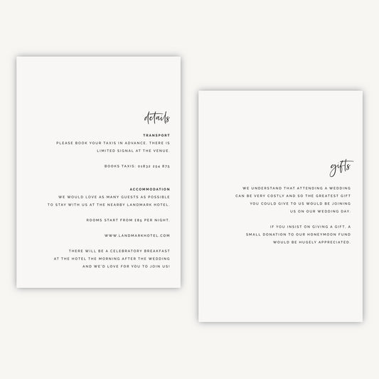 White Modern Script Wedding Invitation Details Card